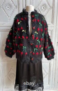 Vintage Mohair Hand Knitted Jacket, 1980s, Black, Cherries, Bows Size UK 10-12