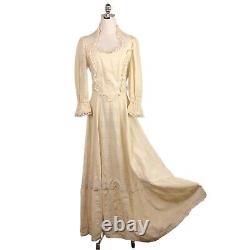 Vintage Prairie Dress Womens Small Pale Yellow Stripe Cotton Lace Trimmed Maxi