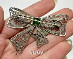Vintage Russian Silver Filigree hand made Bow Brooch Chrome Diopside Pearl