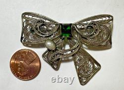 Vintage Russian Silver Filigree hand made Bow Brooch Chrome Diopside Pearl
