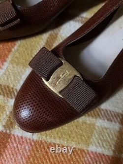 Vintage Salvatore Ferragamo Brown Leather Bow Flats Shoes Varina Ladies US 9.5