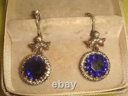 Vintage Sterling Silver & Gold Faux Saphire & Diamond Bow Top Drop Earrings