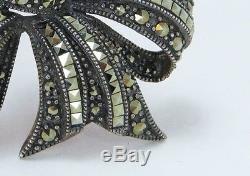 Vintage Sterling Silver Marcasite Bow Shaped Ribbon Brooch Pin Big & Heavy 925
