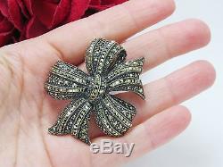 Vintage Sterling Silver Marcasite Bow Shaped Ribbon Brooch Pin Big & Heavy 925