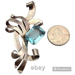 Vintage Walter Lampl Co. Sterling Silver Aquamarine Stone Bow Tie Pin Brooch