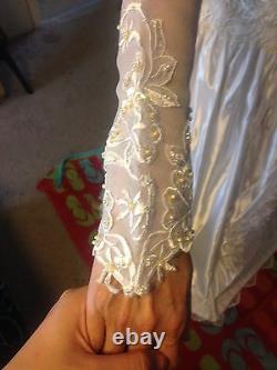 Vintage White Wedding Dress Bow Veil Tulle Puffy Pearl Heavy Silk Satin Bridal