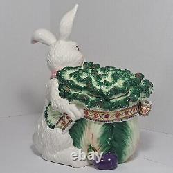 Vintage hand painted porcelain cookie jar rabbit holding with pink bow