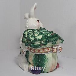 Vintage hand painted porcelain cookie jar rabbit holding with pink bow