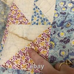 Vintage hand sewn quilt coverlet full queen bow tie blue floral reversible 70x84