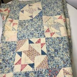 Vintage hand sewn quilt coverlet full queen bow tie blue floral reversible 70x84