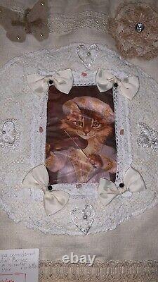 Violetta Braga one of a kind art tote bag with drawstring cat and flowers FRANCE