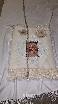 Violetta Braga one of a kind art tote bag with drawstring cat and flowers FRANCE