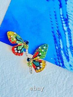 Vivid Butterfly Crystals Clip Earrings Black Orange Green Blue Yellow, Swarovski