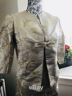 Vtg 60s Silk Cream Gold Embossed Party Dress w Jacket Suit Wedding S M VLV Bow