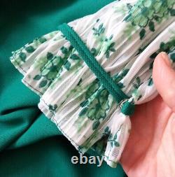 Vtg Handmade Ladies 70's Emerald Green Ruffle Wild Floral Bow Detail Maxi Dress