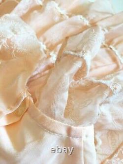 Vtg Little Girl Dress Sheer Ruffles Flare Bows Peach Handmade Flowers