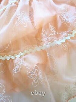 Vtg Little Girl Dress Sheer Ruffles Flare Bows Peach Handmade Flowers