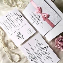 Wedding or Evening Invitations EMBOSSED Personalised Sets RSVP details info bow