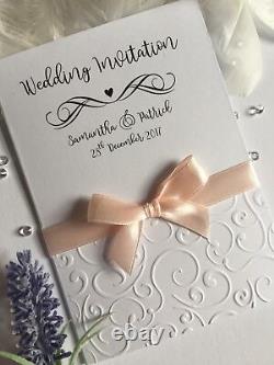 Wedding or Evening Invitations Personalised EMBOSSED vertical folded bow