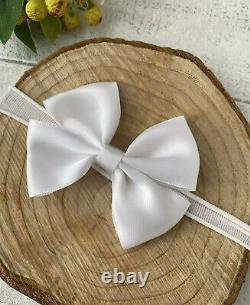White Satin Ribbon Christening Baptism Headband Soft Nylon Baby Bow Newborn Gift