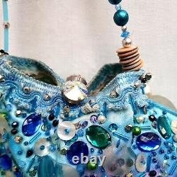 Woman bag original accessories shoulder handmade blue fish rhinestones crystals