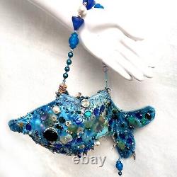 Woman bag original accessories shoulder handmade blue fish rhinestones crystals