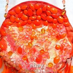Woman bag original accessories shoulder strap orange handmade feathers sequins 1