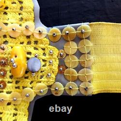Woman belt faux leather sequin italian crochet jellow rhinestone embroidered big