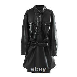 Women real leather Gothic leather Dress Black leather Long Coat Party dress
