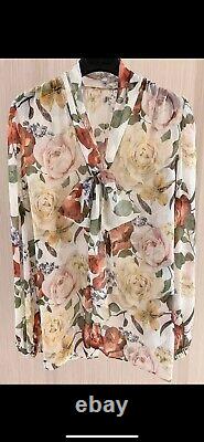 Women's 100% Silk Peach/Yellow Floral Blouse Shirt Sz Large 10/12