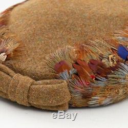 Women's Mid Century Pillbox Bumper Hat with Feathers & Bow Authentic Handmade