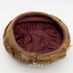 Women's Mid Century Pillbox Bumper Hat with Feathers & Bow Authentic Handmade