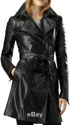 Womens Vintage Leather Outerwear Long Real Leather Trench Coat & Quilted Sleeves