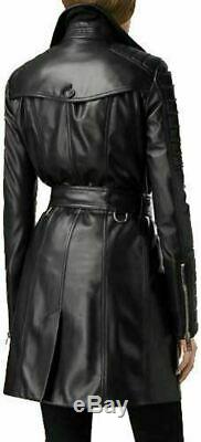 Womens Vintage Leather Outerwear Long Real Leather Trench Coat & Quilted Sleeves