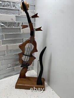 Wood Sculpture Violin with Bow Handmade Musical Instrument Decor 13.5